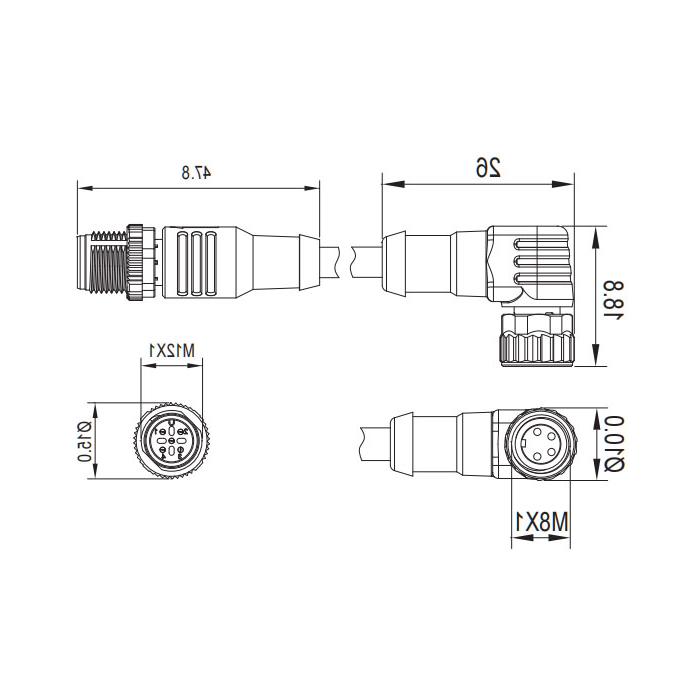 M8转M12 4Pin M8母头90°带LED灯转M12公头直型、双端预铸PUR柔性电缆、黑色护套、63D301-XXX